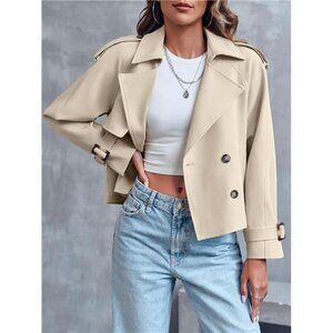 Women Crop Double Breasted Trench Coat Apricot